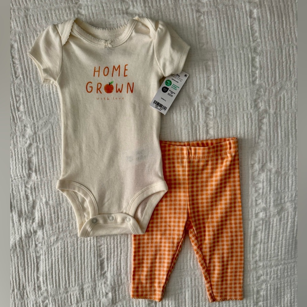 Carter's Cream and Orange "Home Grown" Bodysuit & Orange Gingham Pants Set